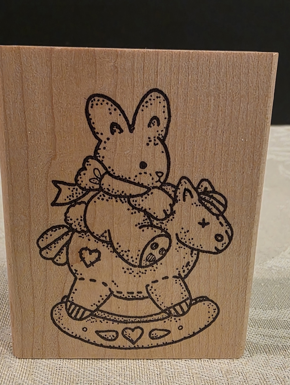 Azadi Earles Vintage Wood Mounted Stamp Baby Bunny on Toy Rocking Horse G363